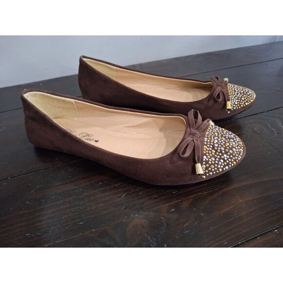 EUC Luo Luo Brown Suede with Rhinestones Ballet Flats/Sz. 6.5 - Picture 1 of 6
